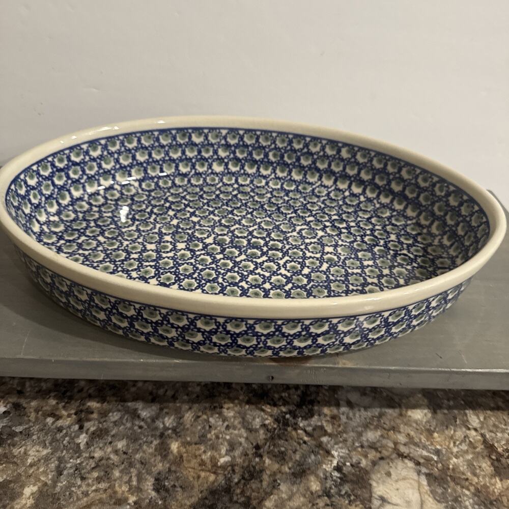 Vintage Boleslawiec Polish Pottery, Oval Deep Baking Dish, Blue And Green 14in - Picture 12 of 14